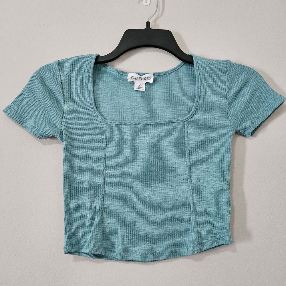 Outlaw Womens Teal Ribbed Knit Square Neck‎ Short Sleeve Crop Top Size XS